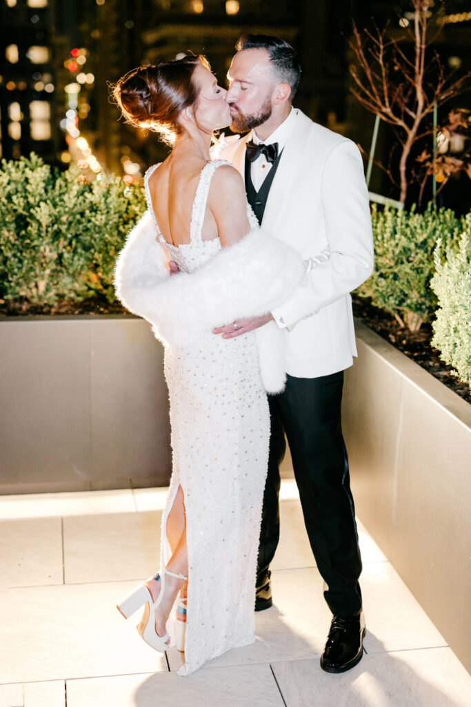 rooftop night portraits of luxurious Philadelphia bride and groom by Emily Wren Photography
