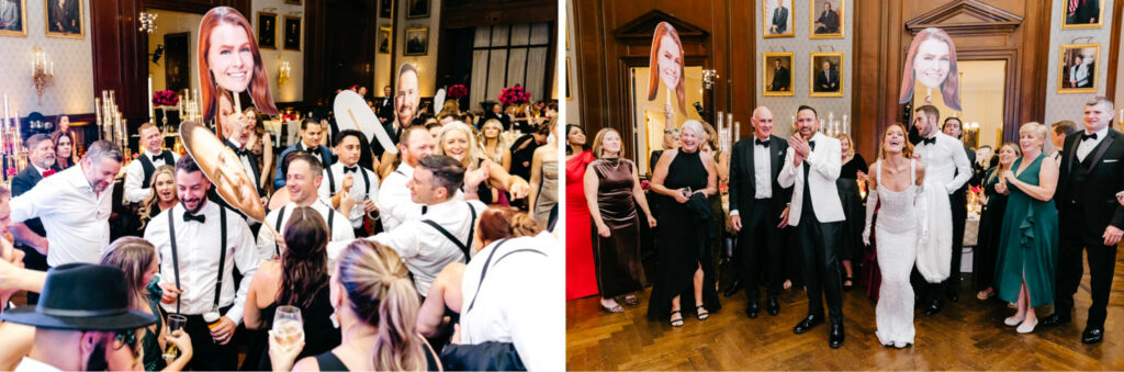 cardboard cut outs of bride and grooms heads during winter wedding reception by Philadelphia wedding photographer Emily Wren Photography