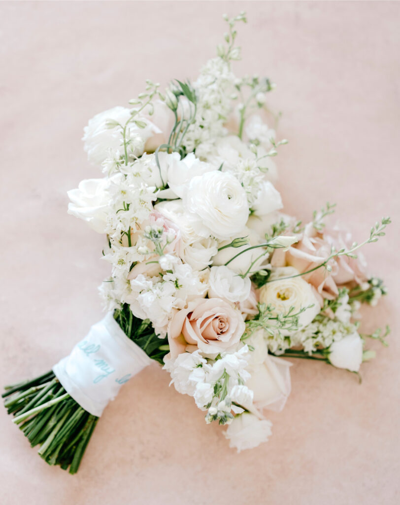 white and pink bridal bouquet for early fall wedding day by Emily Wren Photography