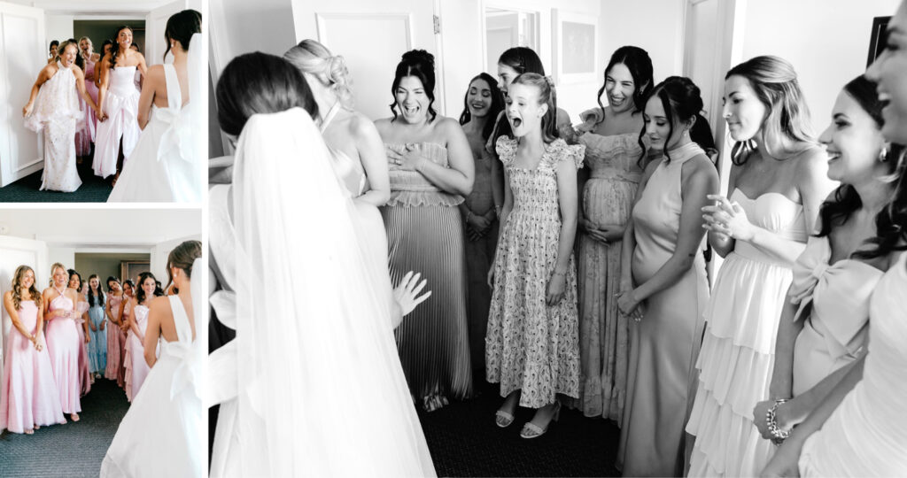 bride's first look with her bridesmaids and flower girl by Emily Wren Photography