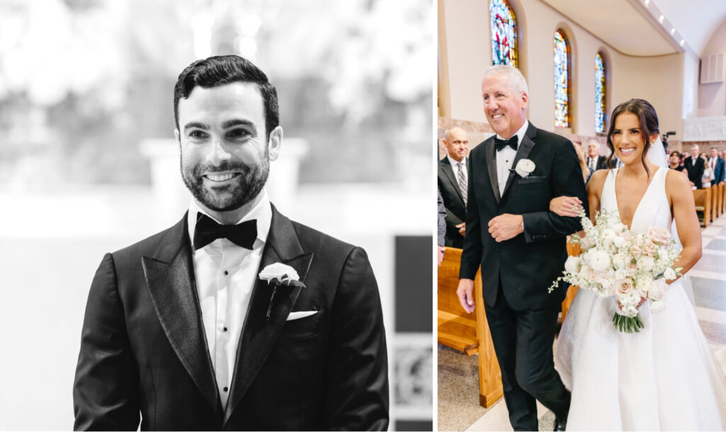 groom's reaction to bride walking down the aisle during a Catholic wedding ceremony in Philadelphia. Pennsylvania