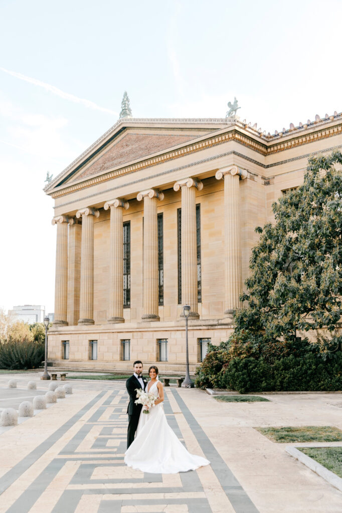 wedding day portrait of bride and groom at The Philadelphia Museum of Art