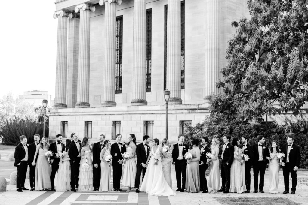 full wedding party portrait on fall wedding day at the Philadelphia Art Museum by Emily Wren Photography