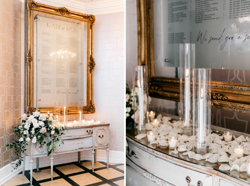 sophisticated wedding reception seating chart for Water Works wedding day