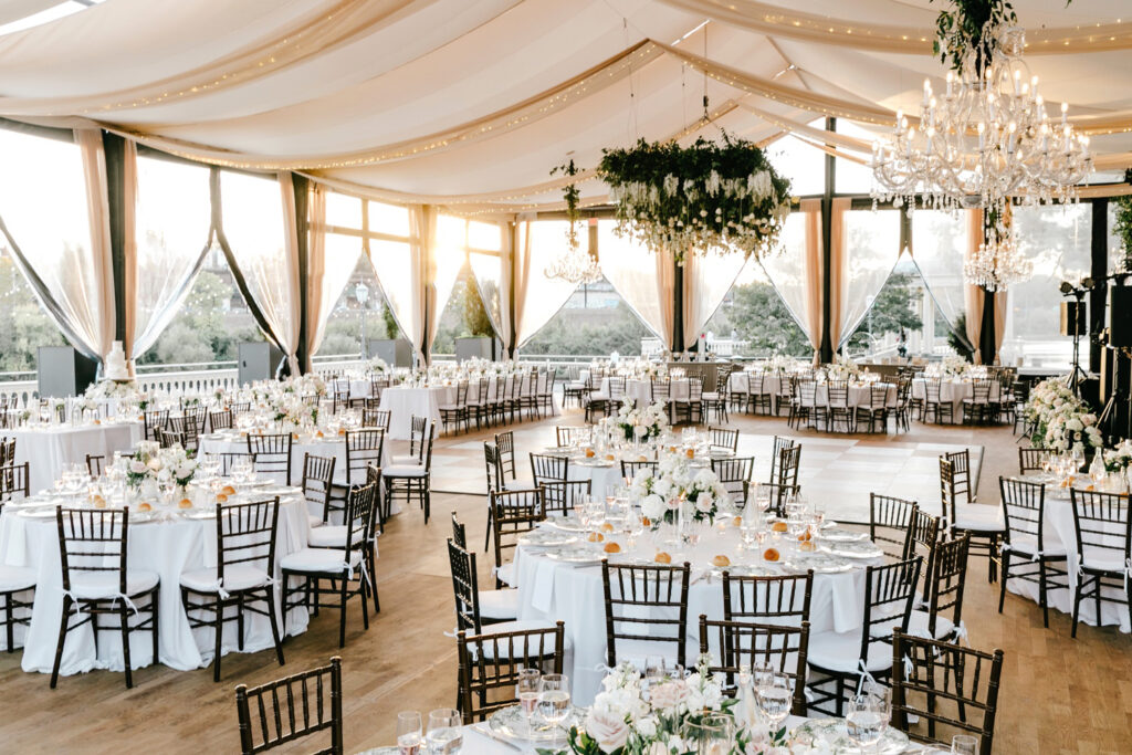 white and pink wedding reception details for fall wedding reception at Cescaphe's Water Works