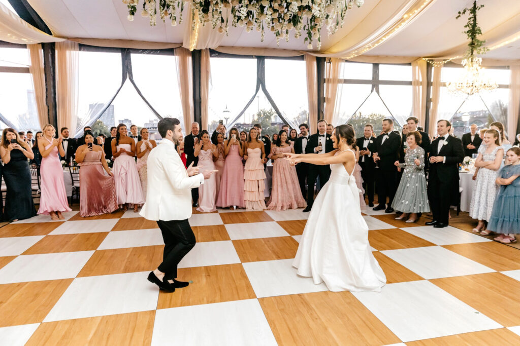 Philadelphia bride and groom's first dance at their Cescaphe wedding reception at Philadelphia's Water Works