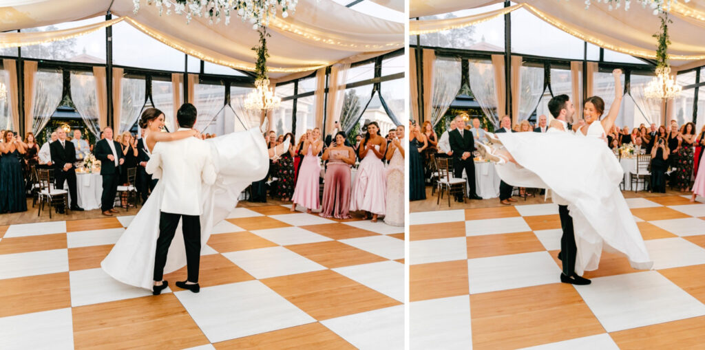 groom spinning his bride during choreographed first dance at their fall wedding reception at Water Works
