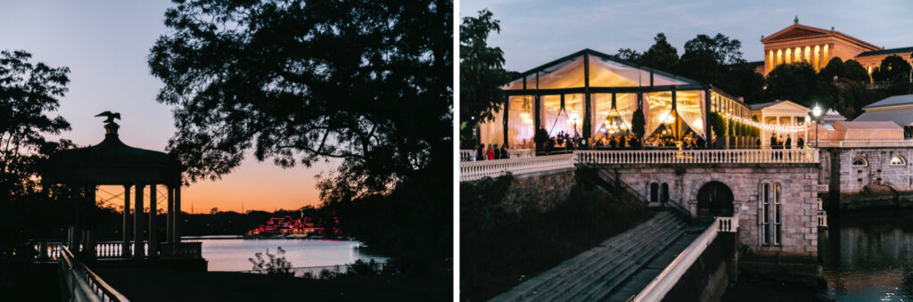 Cescaphe's Water Works wedding reception during sunset on fall evening