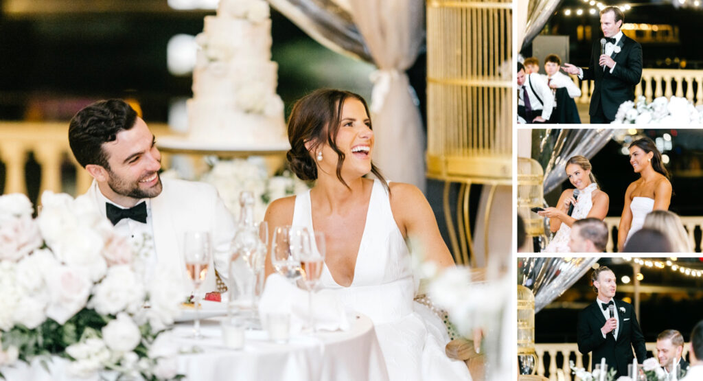 Philadelphia bride and groom during speeches at their Cescaphe's Water Works wedding reception