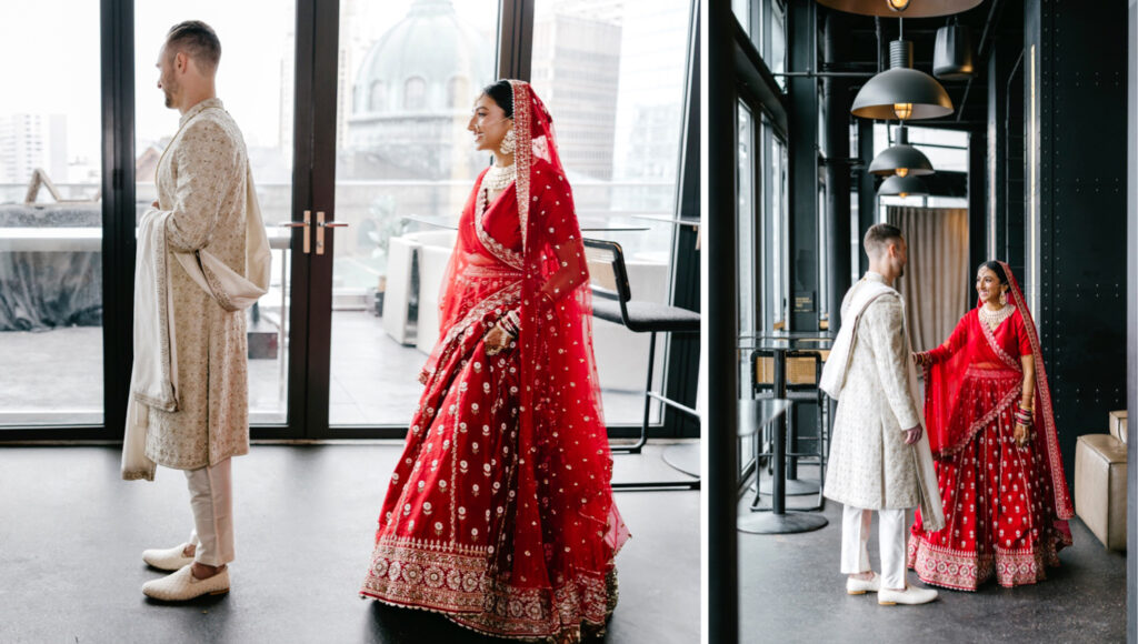 first look between bride and groom on their fall wedding day in Philadelphia, Pennsylvania