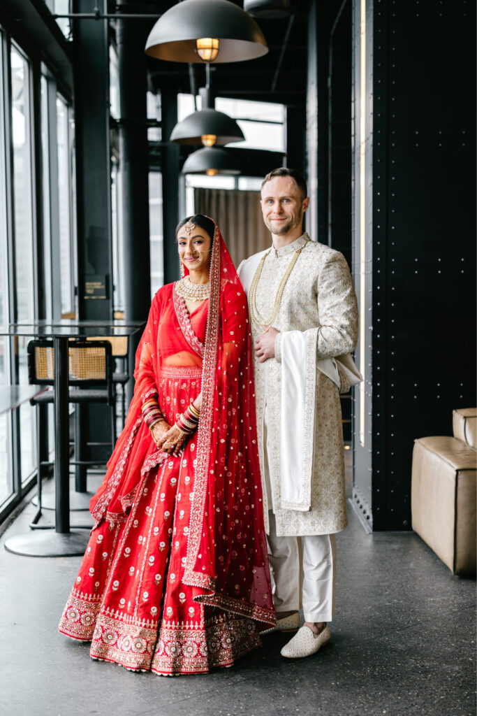 bride & groom portrait on multicultural fall wedding day in Center City Philadelphia