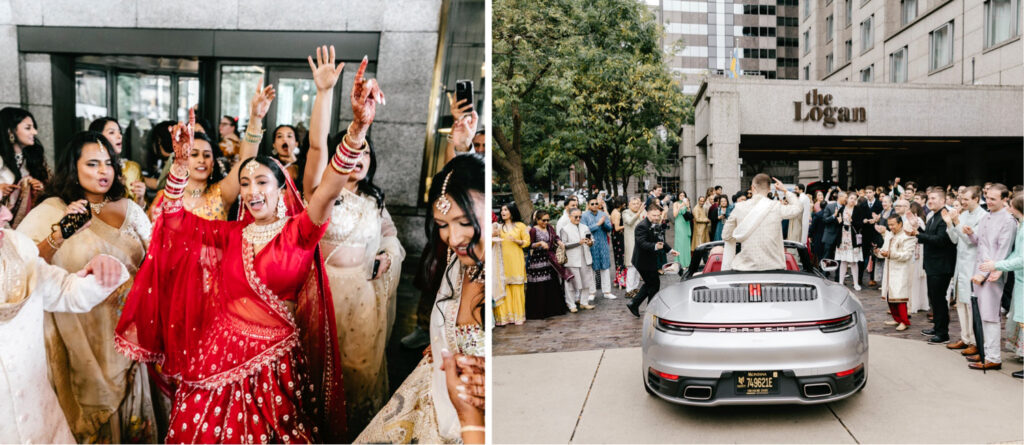bride and groom arriving to their Baraat at The Logan Hotel in Philadelphia, Pennsylvania
