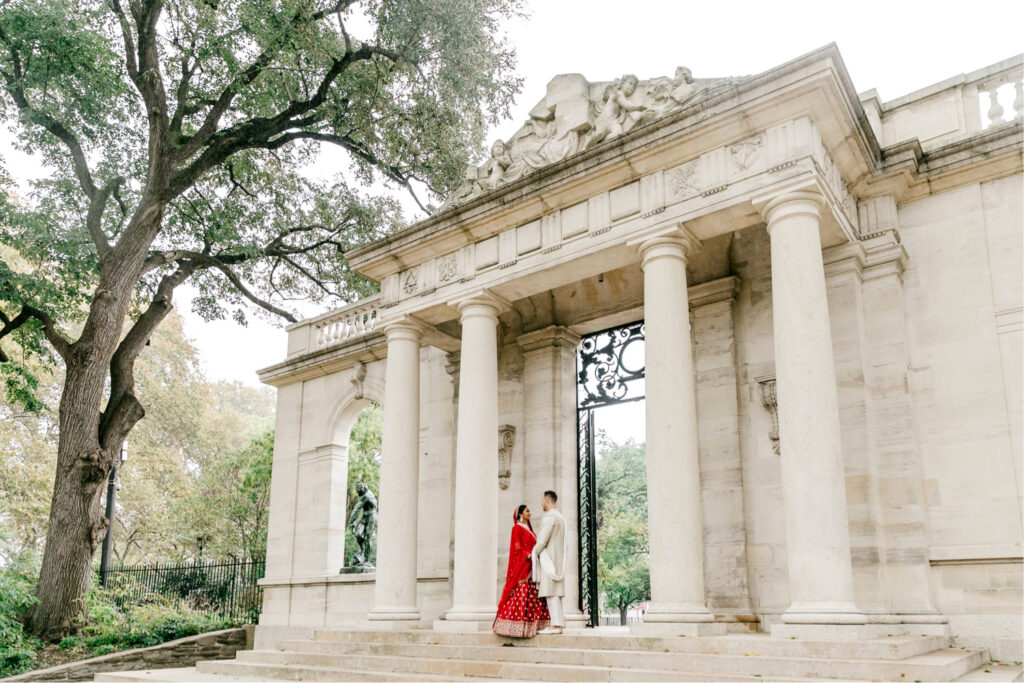 bride and groom wedding portrait on fall Philadelphia wedding day at the Rodin Museum
