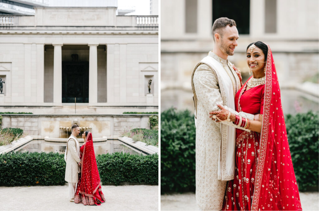 beautiful portrait of Philadelphia bride and groom on their fall wedding day at the Rodin Museum