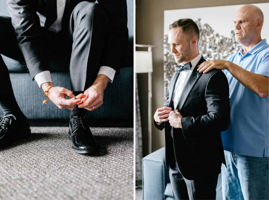 Philadelphia groom getting ready for his fall wedding reception at the Logan Hotel by Emily Wren Photography