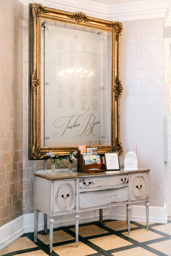 Cescaphe's Water Works gold framed wedding reception seating chart by Philadelphia wedding photographer Emily Wren Photography