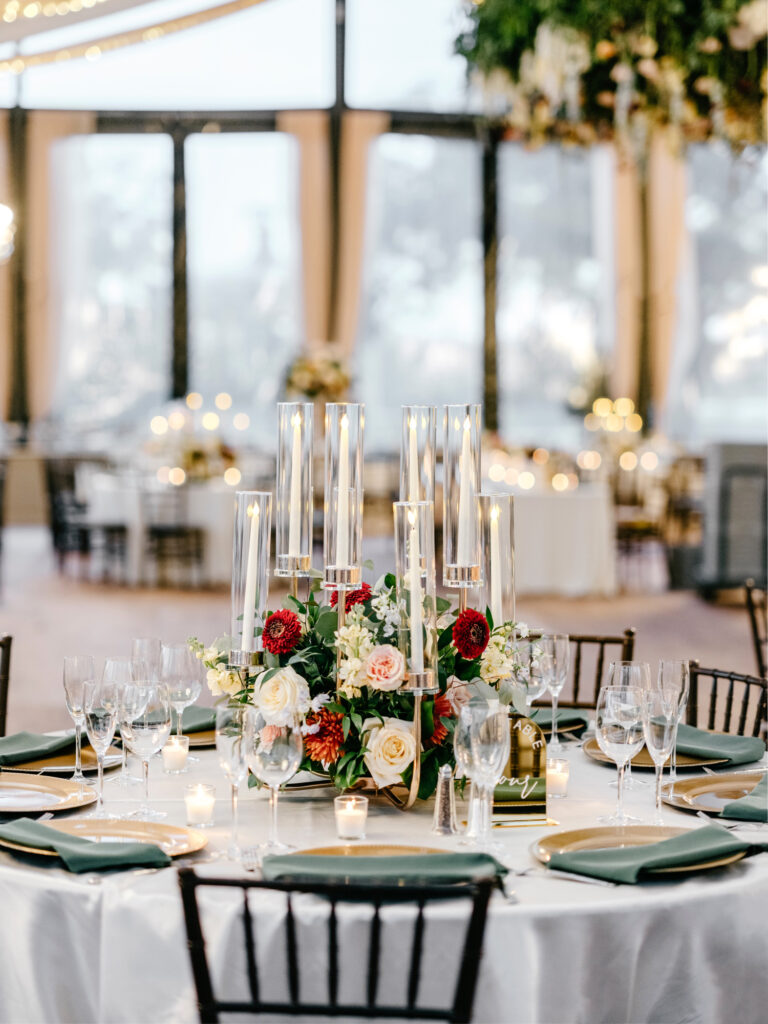 pink, red, and white floral table arrangements for luxurious wedding reception at Philadelphia's Water Works by Cescaphe