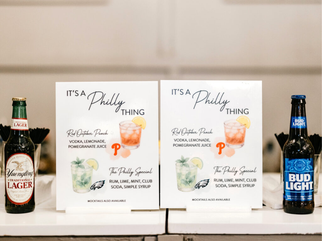 Philadelphia-sports inspired wedding reception bar menu by Emily Wren Photography
