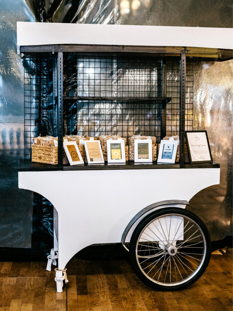 coffee cart at luxurious Cescaphe wedding reception at Water Works by Philadelphia Wedding photographer Emily Wren Photography