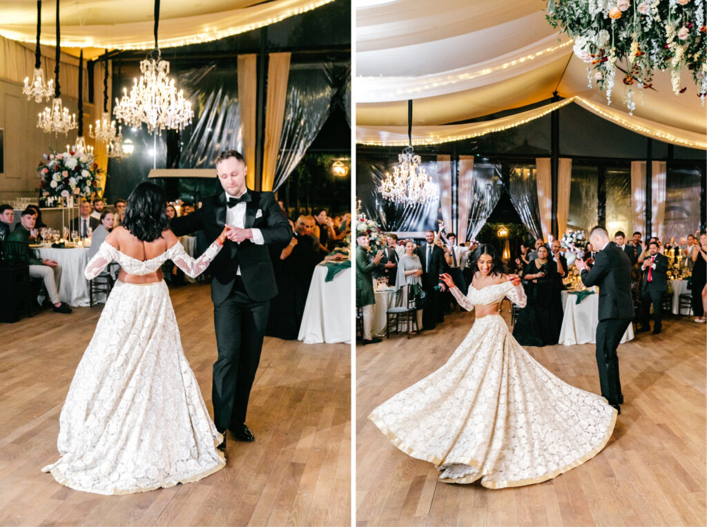 Philadelphia bride and groom's first dance at their fall wedding reception at Water Works