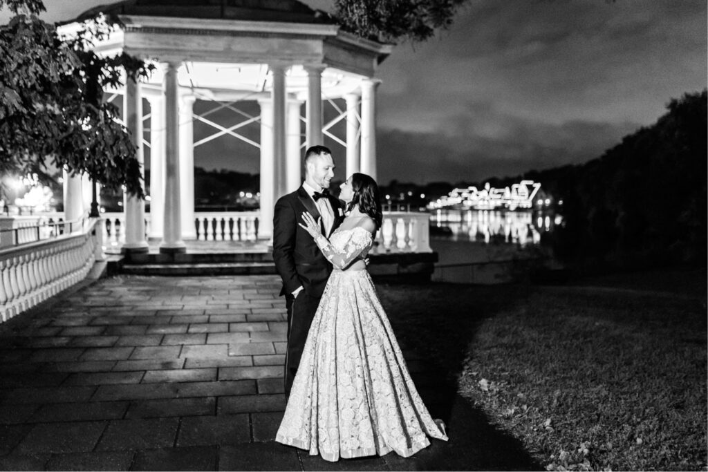 night portrait of Philadelphia bride & groom on their Cescaphe wedding day at Water Works by Emily Wren Photography