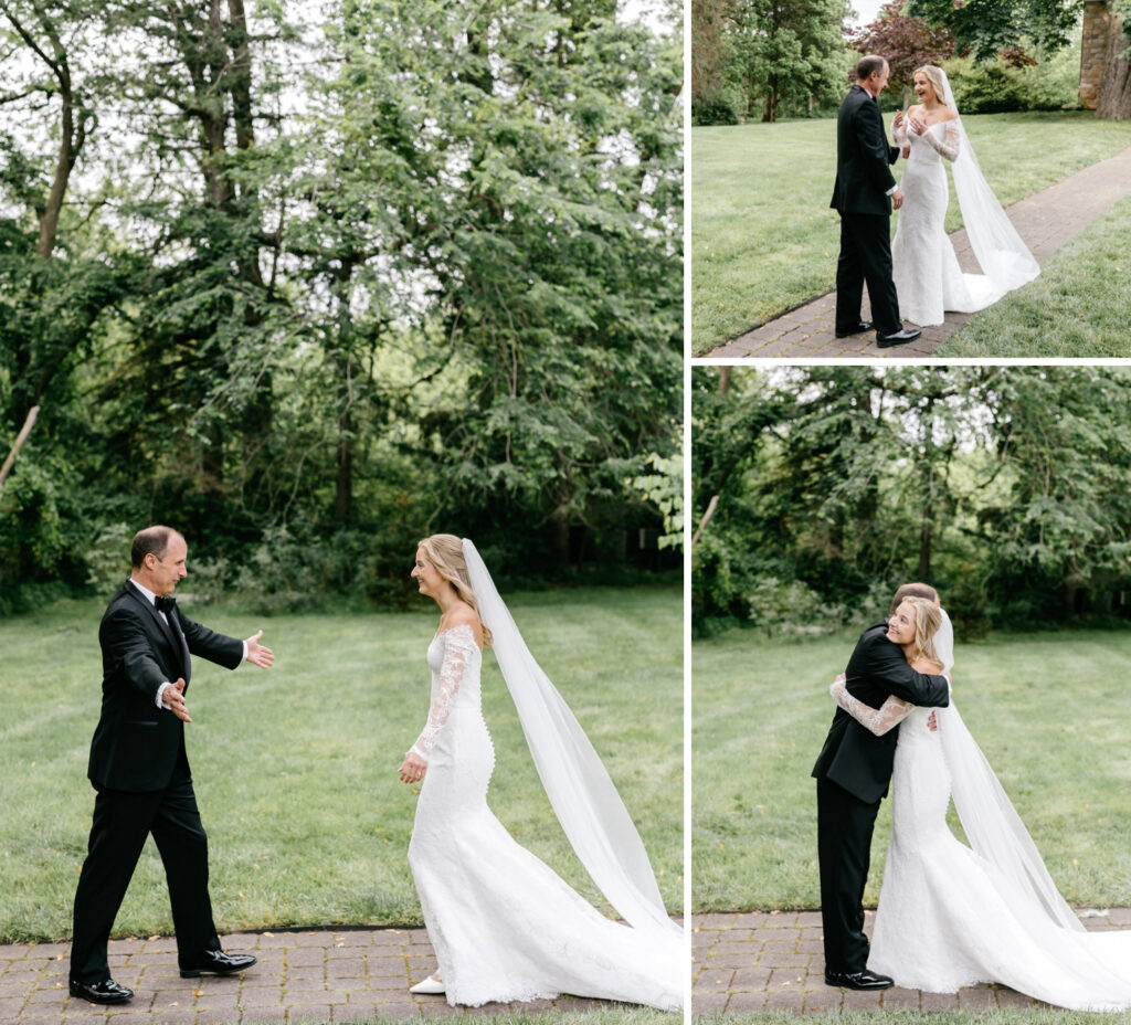 Philadelphia bride's first look with her father on her summer wedding day at the Inn at Barley Sheaf