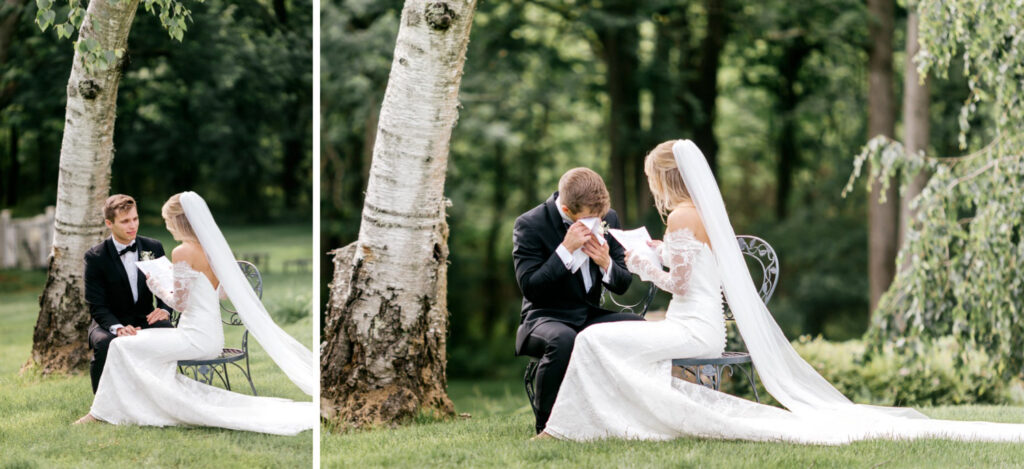 emotional private vow reading on Spring wedding day at the Inn at Barley Sheaf
