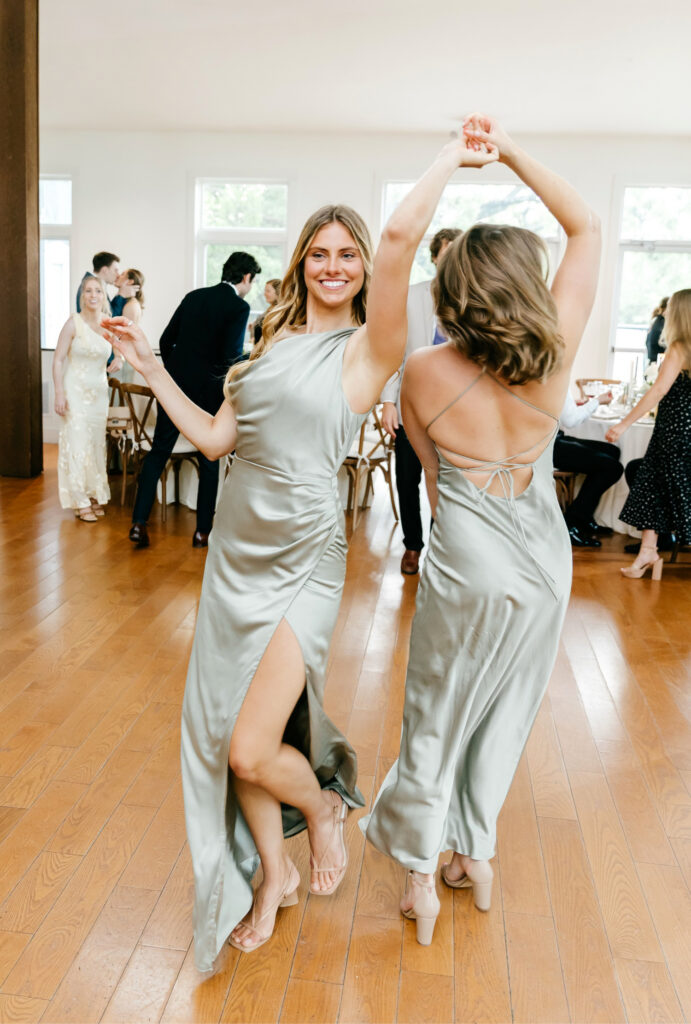 bridesmaids dancing at spring wedding reception at the Inn at Barley Sheaf