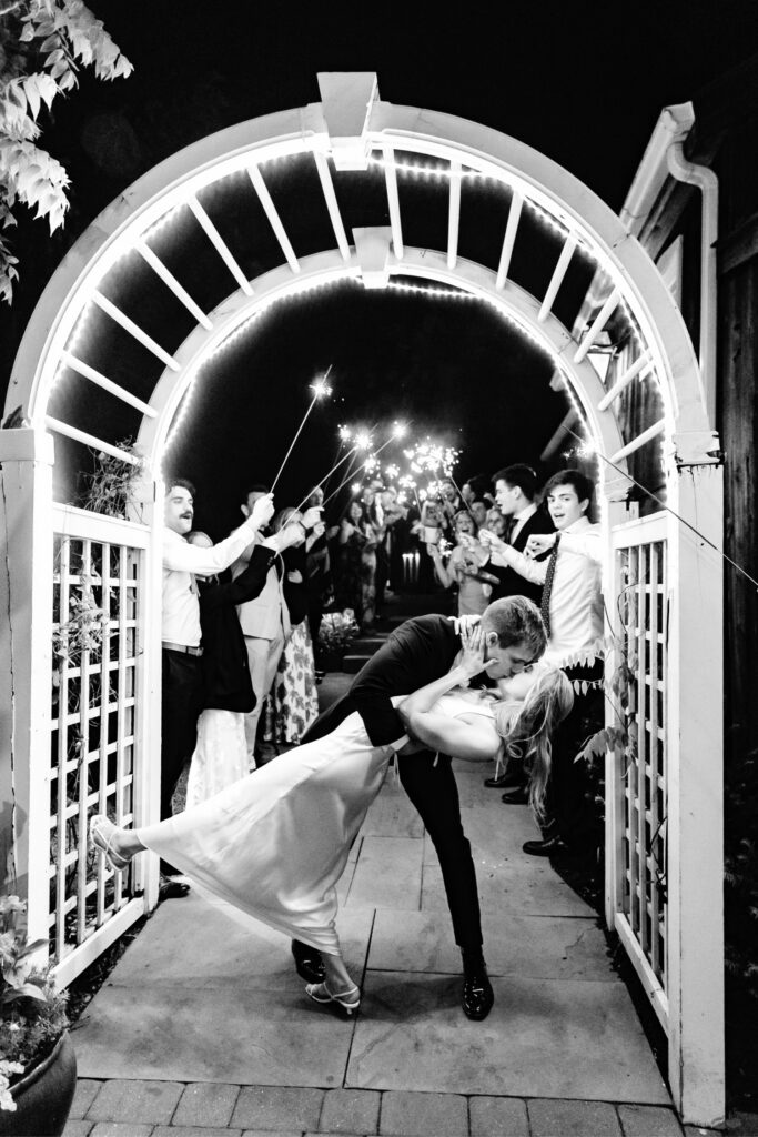 bride and groom sparkler exit at their Inn at Barley Sheaf wedding reception by Emily Wren Photography