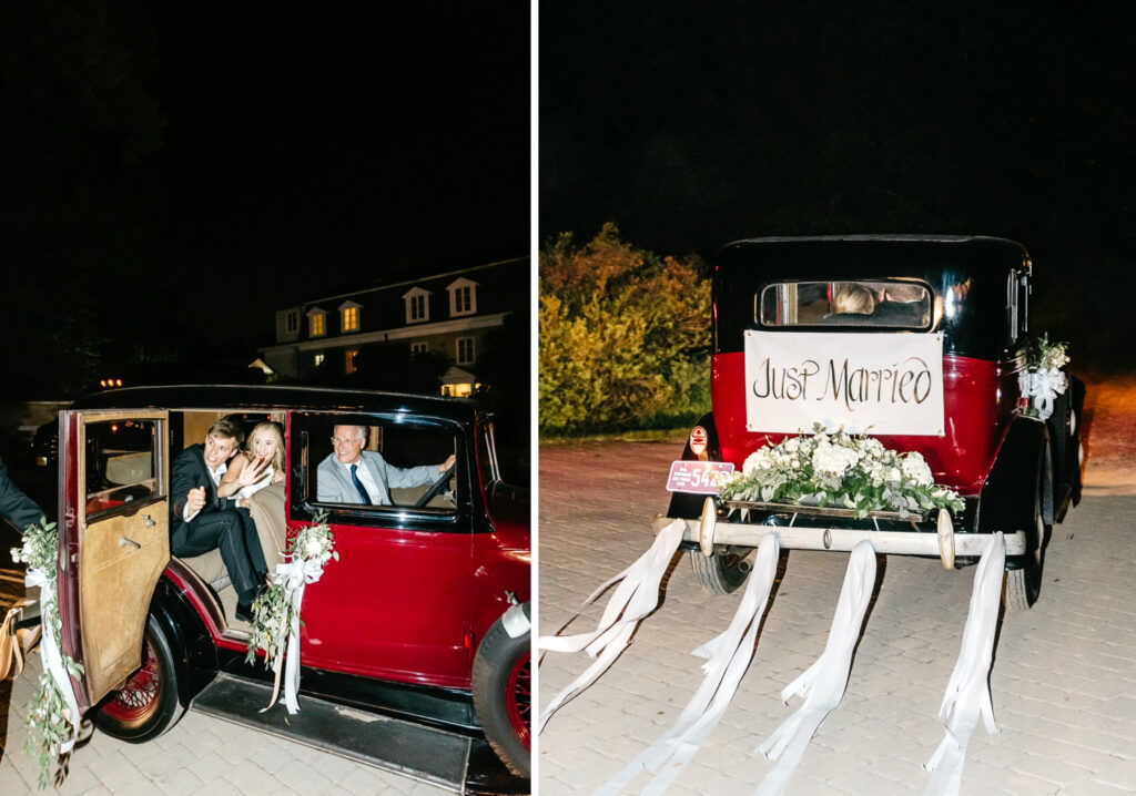 vintage car decorated with vintage "just married" sign and streamers by Emily Wren Photography