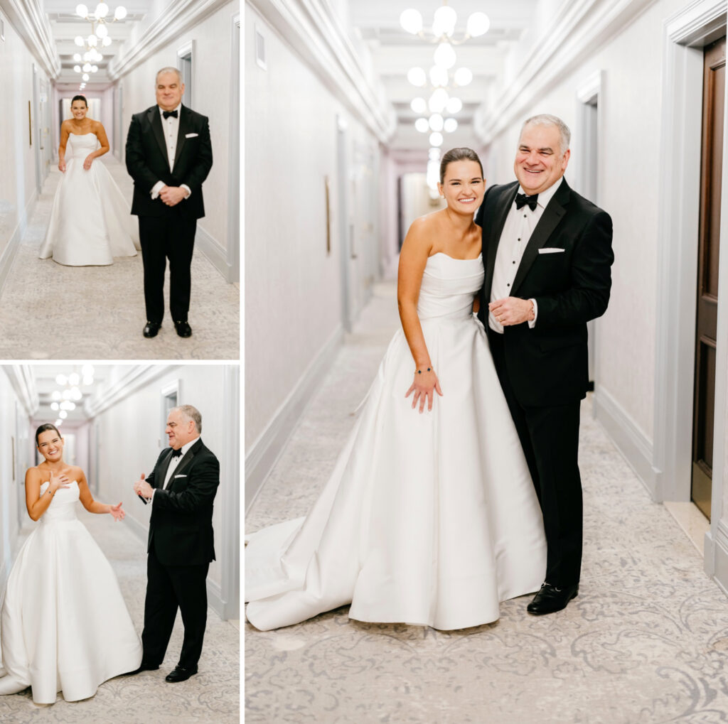 bride's first look with her father at Hotel Du Pont