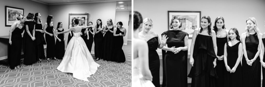 bride's first look with her bridesmaids at Hotel Du Pont by Emily Wren Photography