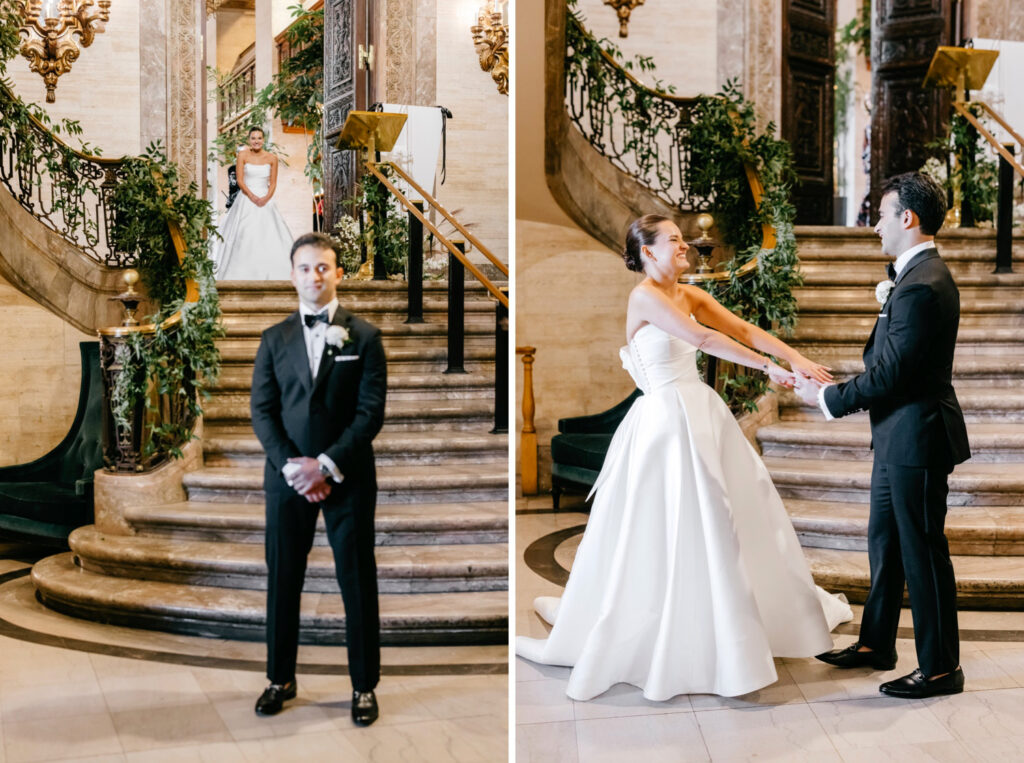 bride and groom's first look on their fall wedding day at Hotel Du Point in Wilmington, Delaware