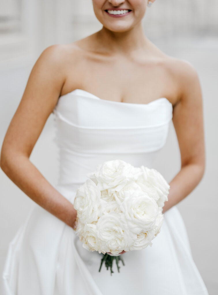 All white rose bridal bouquet for elegant fall wedding day by Emily Wren Photography