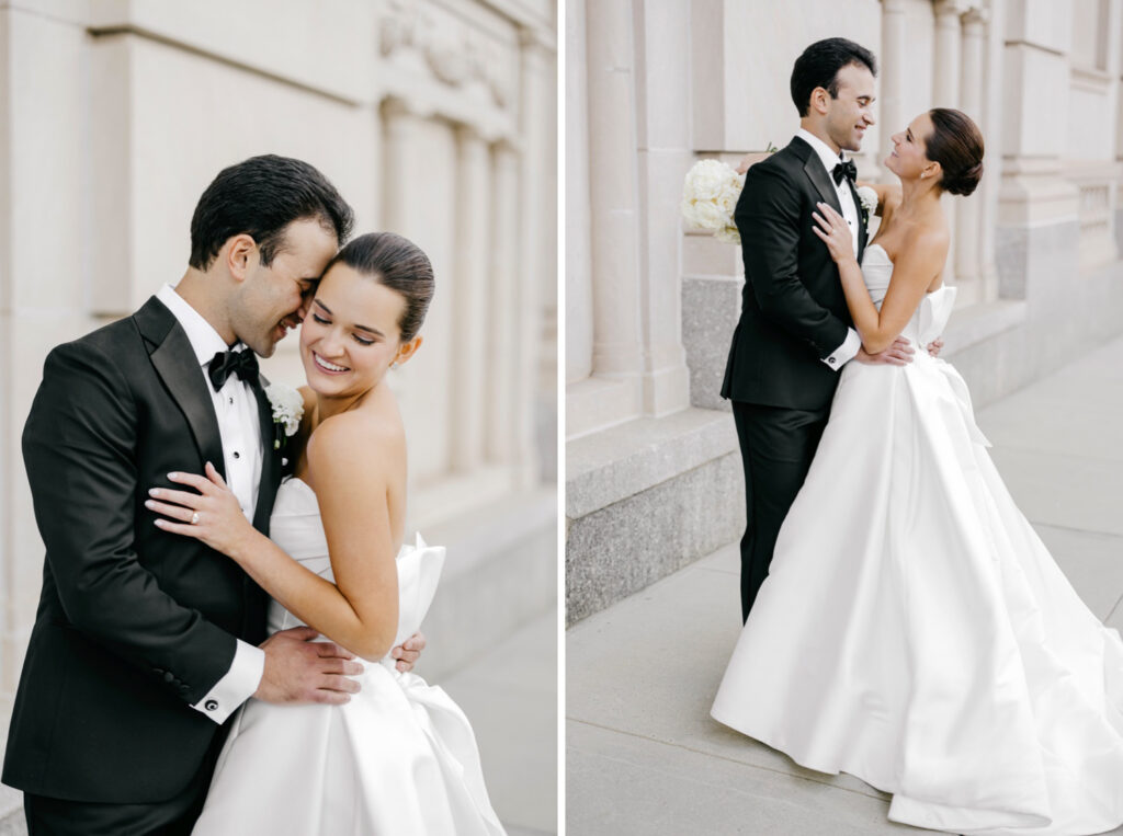 Delaware bride and groom portrait session outside of Hotel Du Pont in Wilmington by luxurious wedding photographer Emily Wren Photography