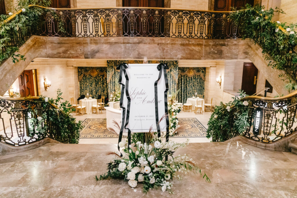 simplistic wedding ceremony welcome sign for glamorous black tie wedding