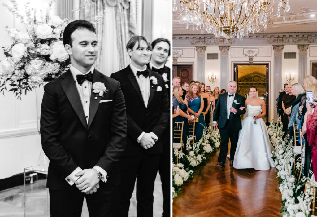 Delaware bride walking down the aisle at her Hotel Du Pont wedding ceremony by Emily Wren Photography