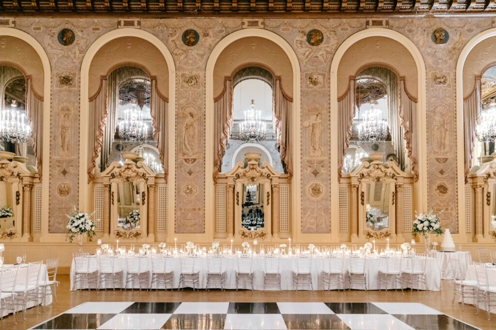 glamorous and elegant all-white wedding reception details at Hotel Du Pont