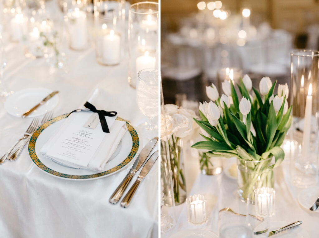 white tulips for table decor at glamorous wedding reception in Wilmington, Delaware