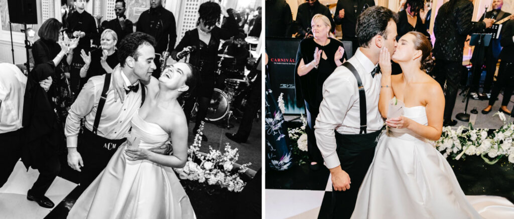Delaware bride and groom kissing on the dance floor of their Hotel Du Pont wedding reception by Emily Wren Photography