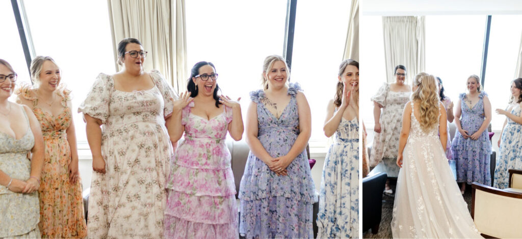 bride's first look with her bridesmaids on her summer wedding day in New Hampshire