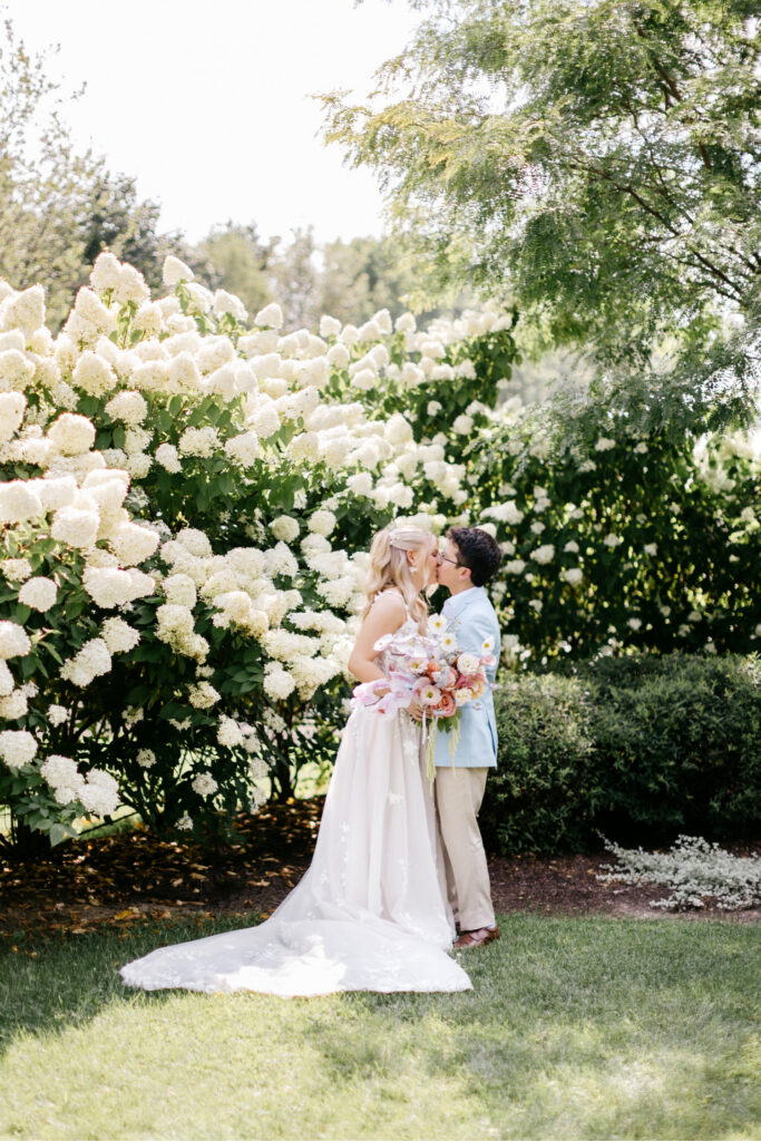 romantic portrait of New Hampshire bride and groom on their outdoor summer garden wedding day