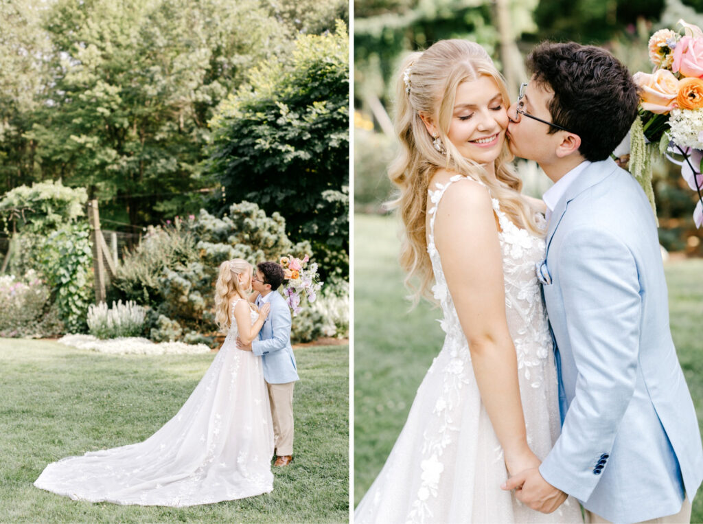 romantic wedding day portraits of New Hampshire bride and groom on their summer garden wedding day at Uncanoonuc Mountain