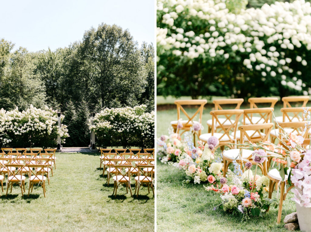 colorful, pastel wedding floral bouquets for outdoor wedding ceremony aisle