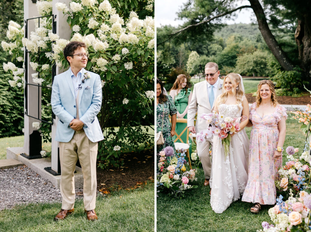 New Hampshire bride walking down the aisle at her outdoor summer garden wedding ceremony at Uncanoonuc Mountain