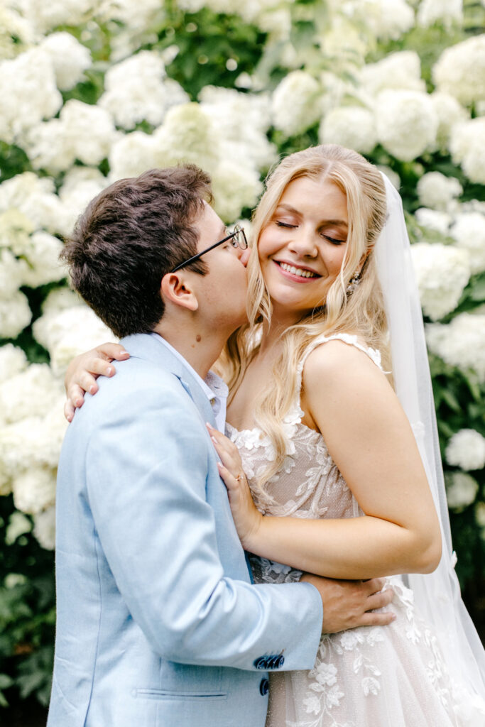 romantic bride and groom wedding portrait on their summer wedding day in New England