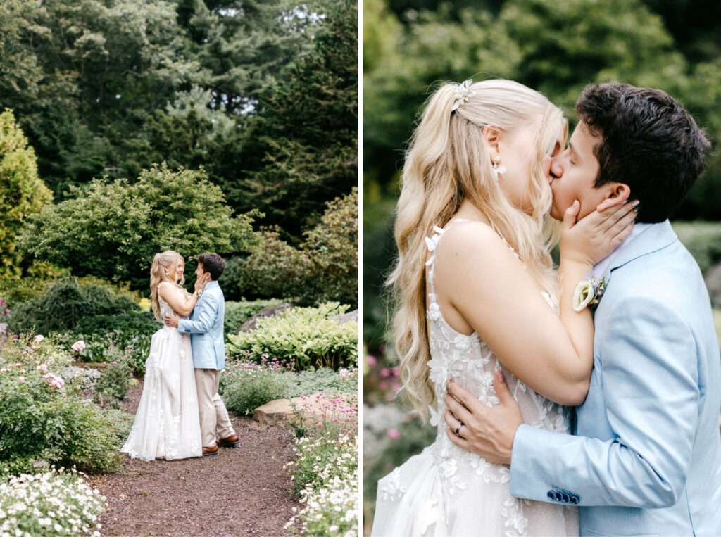 Bride and groom wedding portraits in a New Hampshire garden by elegant wedding photographer Emily Wren Photography