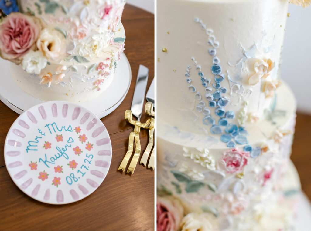 hand-painted pastel cake plate for cute garden-inspired wedding reception by New Hampshire wedding photographer Emily Wren Photography