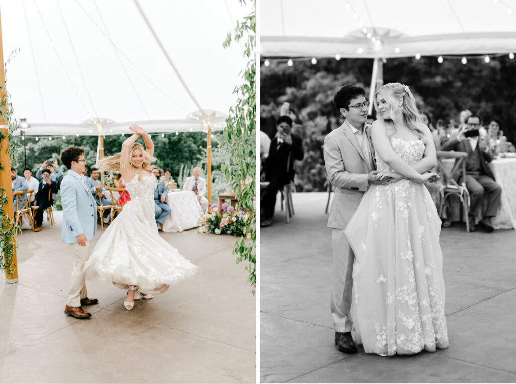 New England bride and groom's first dance at their outdoor white-tented summer garden wedding reception