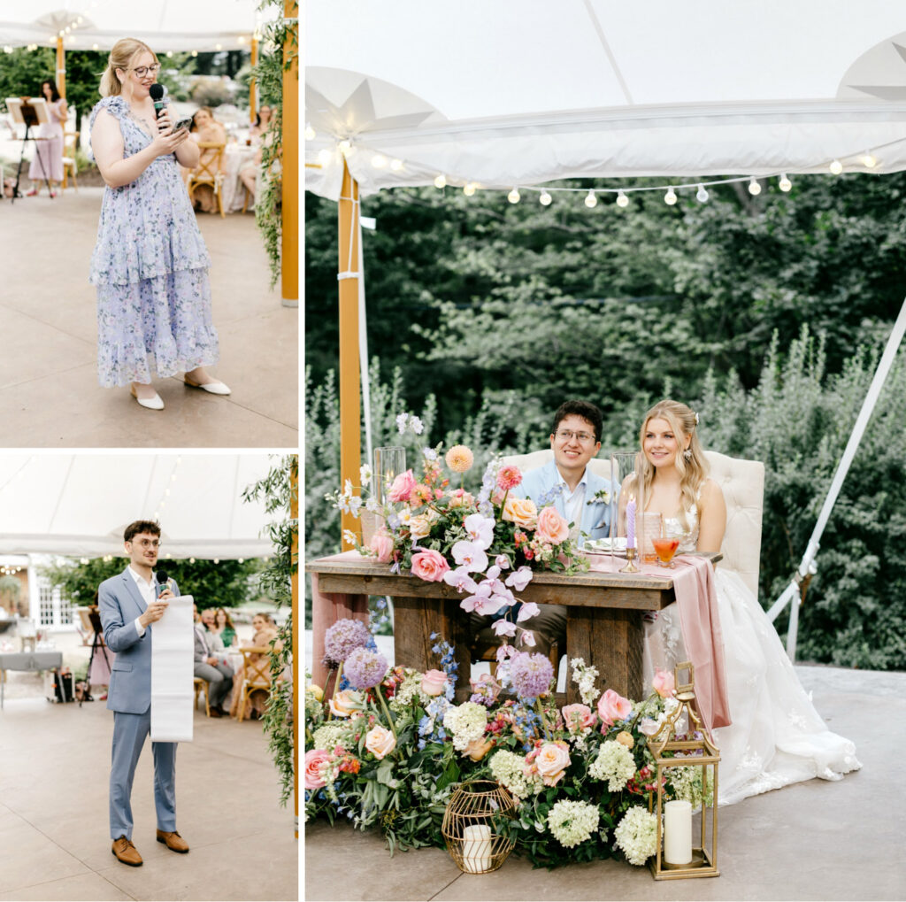 New Hampshire bride and groom during wedding party speeches at their Uncanoonuc Mountain wedding reception